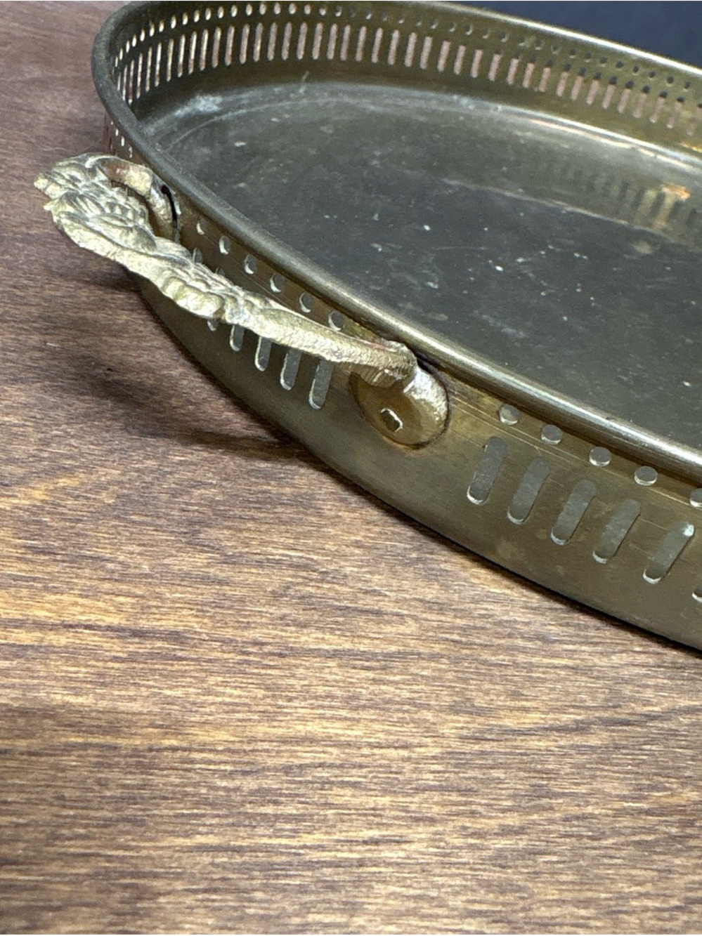 Vintage Brass Serving Tray with Perforated Rim and Handles- Antique Brass Finish - Picture 2 of 4